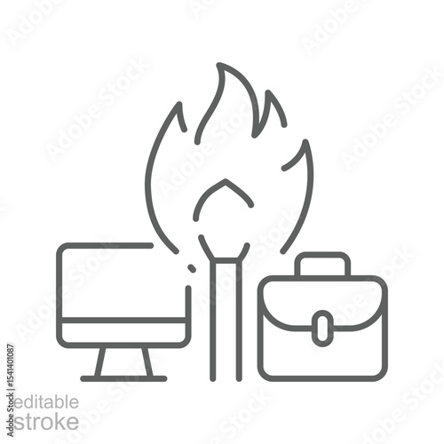 Work burnout icon Outline thin line symbol showing fire between computer and briefcase representing job stress and mental exhaustion