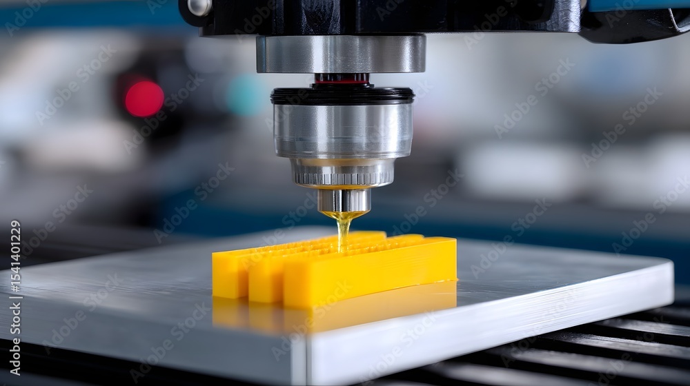 A 3D printer building a yellow plastic component for manufacturing. A 3D printer building a yellow plastic component for manufacturing.