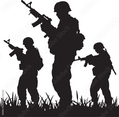 Three Soldiers Silhouettes Armed with Rifles Standing in Tall Grass Black and White Vector Illustration Military Graphic