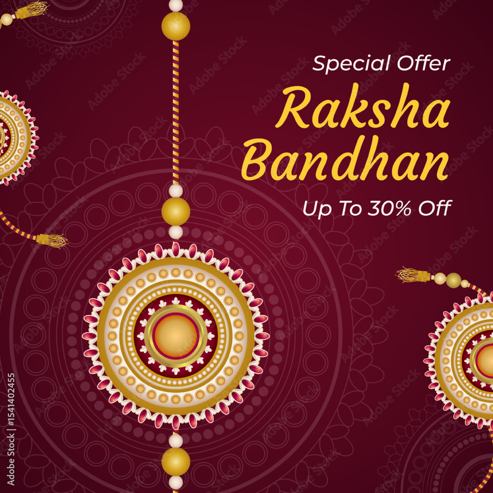 Naklejka premium Raksha Bandhan Sale Banner With Beautiful Rakhi Design and Up To 30% Off. Special Offer. Vector Illustration. Rakhi Sale. 30% Off.
