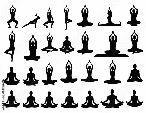 Yoga Silhouette Icons in Various Meditation and Stretching Poses