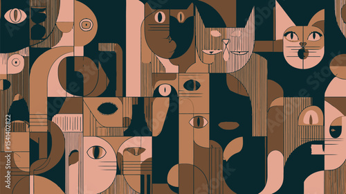 Abstracted cats gaze outward in a geometric stylized arrangement