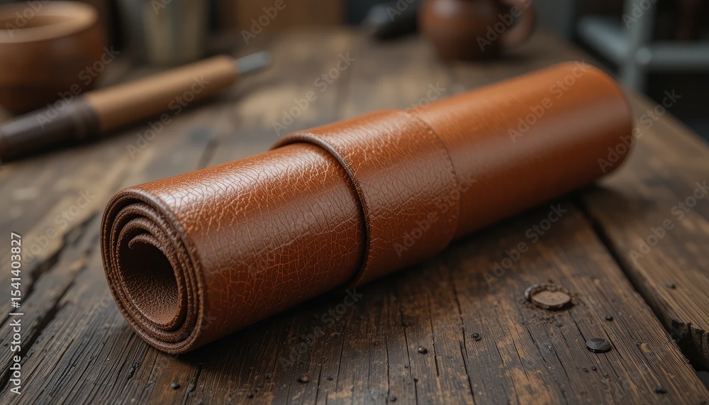 Obraz premium Rolled brown leather on rustic wooden table