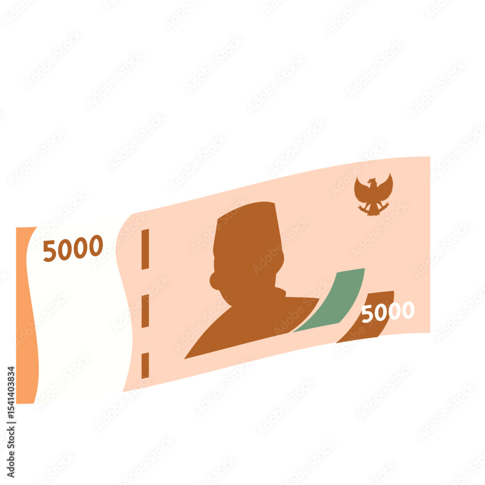 Fototapeta premium Flat illustration of a 5000 rupiah Indonesian banknote featuring a portrait and national emblem. Simple, modern design, perfect for financial or economic topics.