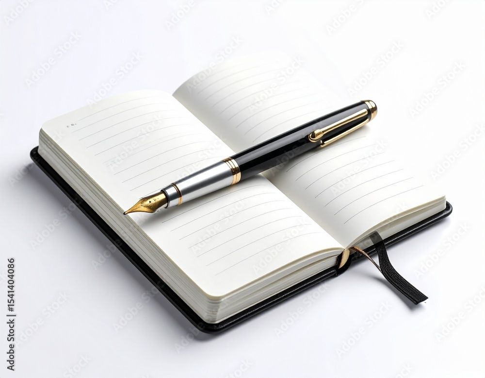 Elegant Fountain Pen Resting on an Open Notebook on white background Elegant Fountain Pen Resting on an Open Notebook on white background