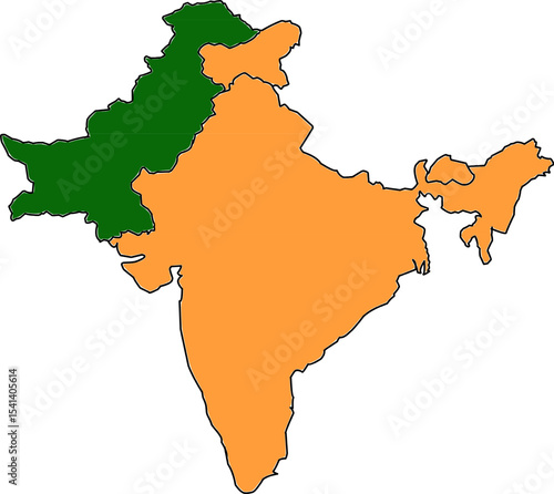 map of india and pakistan in bright colors, conflict areas of india and pakistan
