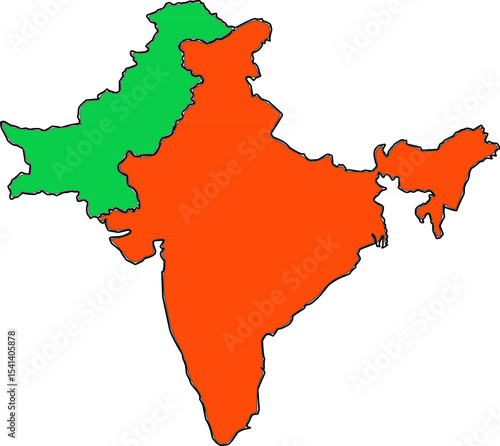 map of india and pakistan in bright colors, conflict areas of india and pakistan