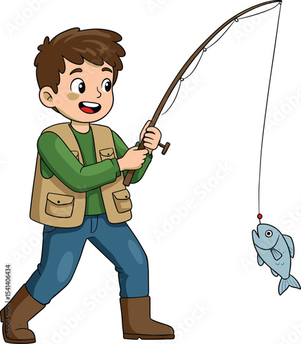 Cartoon boy catching fish with fishing rod, happy child outdoor activity, vector illustration, kids fishing hobby, smiling fisherman clipart