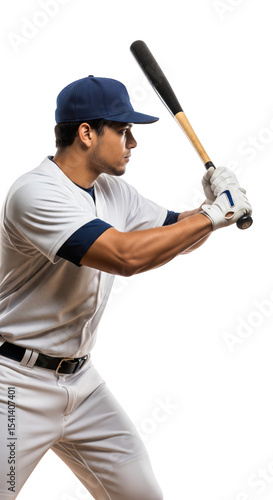 baseball player in white uniform with bat ready to swing on transparent background