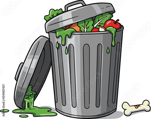 Overflowing trash can with food waste, cartoon garbage bin, compost, organic leftovers, dirty scene, vector illustration,