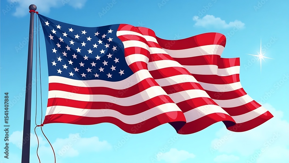 Obraz premium American flag with stars and stripes waving in the blue sky
