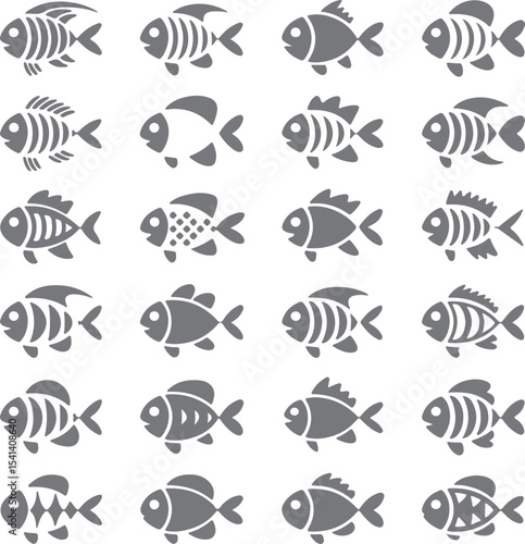 Collection of Twenty Four Gray Fish Silhouettes Diverse Designs Simple Aquatic Life Icons Set