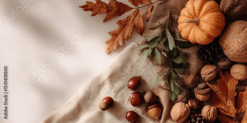 Autumn harvest still life: Pumpkin, nut, leaf on cloth background