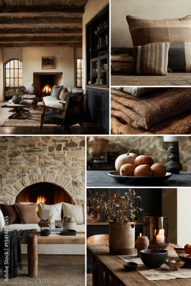 Fototapeta premium Cozy interior design with fireplace, wooden table and stone wall