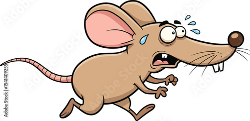 Funny cartoon mouse running scared with sweat drops, terrified expression, comical rodent character vector illustration