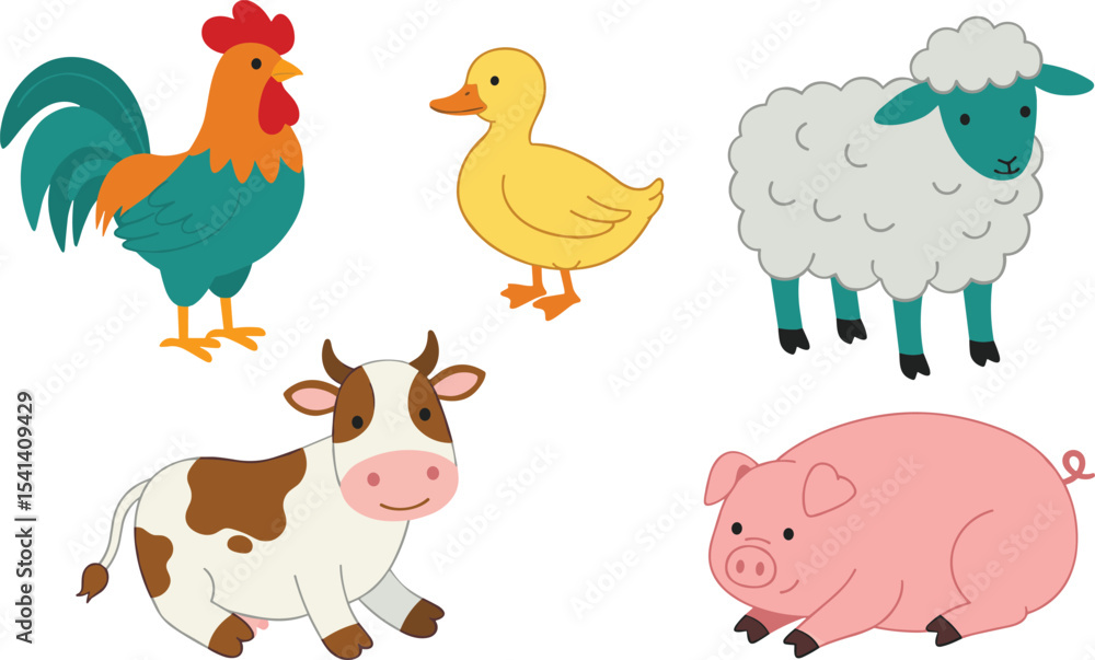 Naklejka premium Cute cartoon farm animals including cow, pig, sheep, duck and rooster, colorful vector illustration, isolated domestic animal character clipart set