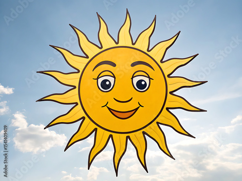 Cute cartoon sun with smiling face and radiant yellow rays