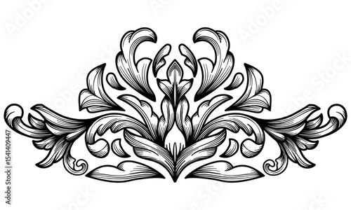 Hand drawn baroque vintage flower element. Arabesque damask engraving ornament decorative design. Classical flourish filigree ornamental vector illustration