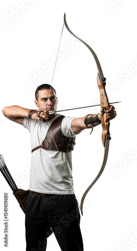 Focused male archer aiming with traditional bow on dark background