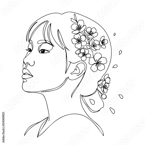 Vector line art of an Asian woman in profile with short bangs and an intricate floral hairpiece, artistic modern contour illustration