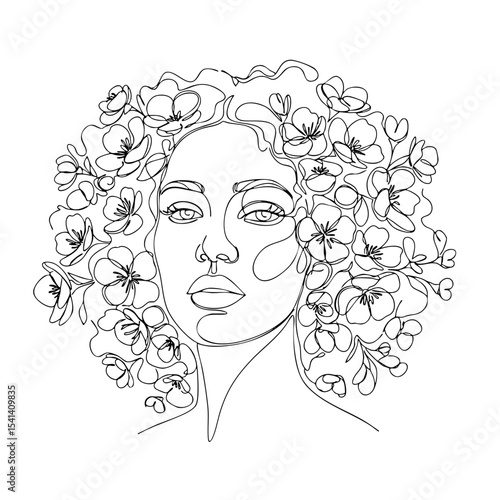 Vector line art of a woman with voluminous curly hair filled with large blooming flowers, bold botanical aesthetic