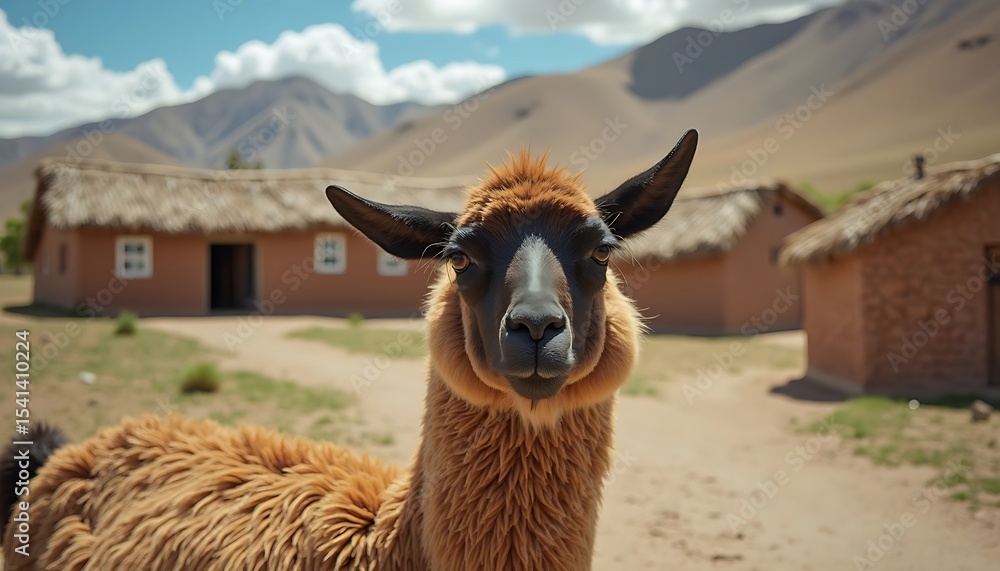 Obraz premium Majestic Llama Portrait with Distinctive Ears and Mountainous Background