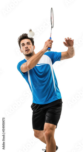 Young man playing badminton in action with transparent background
