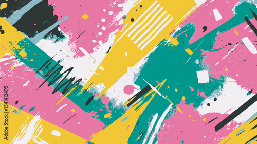Abstract shapes interact dynamically on colorful splattered canvas background.