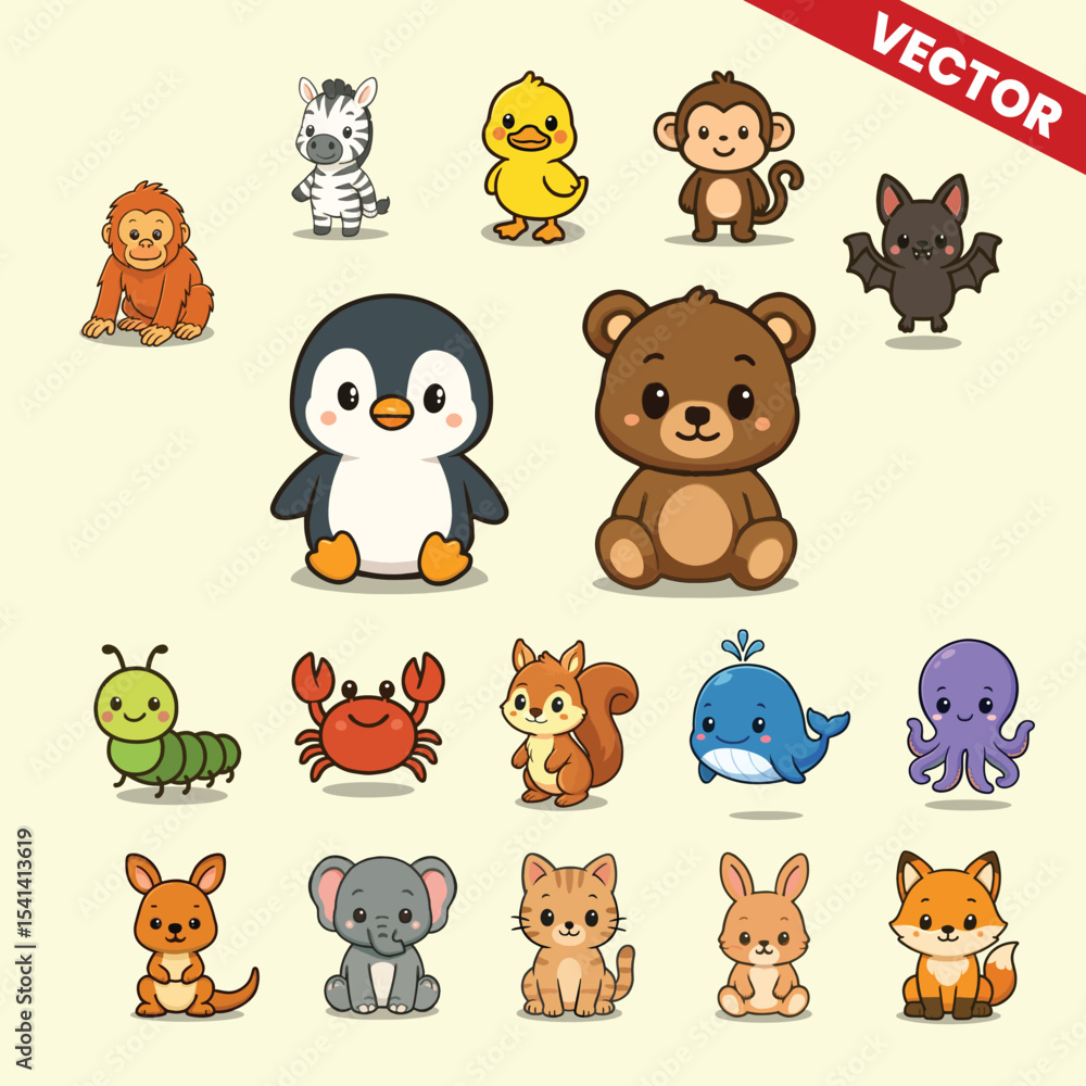 Obraz premium Cute Vector Animal Collection Adorable Cartoon Creatures in Colorful and Playful Style for Kids and Educational Projects