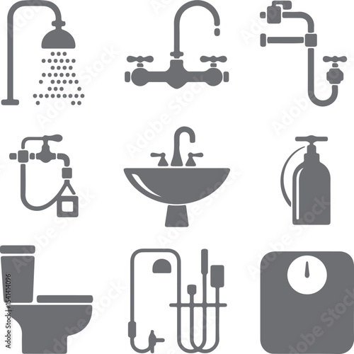 Gray Silhouette Icons Set Plumbing Bathroom Shower Sink Toilet Water Meter Scale vector