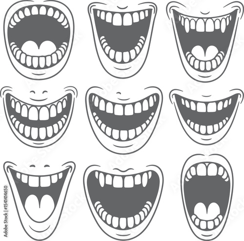Nine Gray Scale Mouth Silhouettes Wide Open Showing Different Expressions Teeth and Tongues