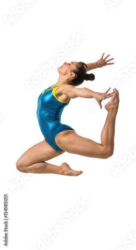 Dynamic gymnast performing a leap midair on a transparent background in athletic wear showing strength and flexibility