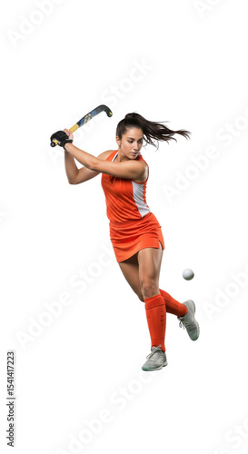Female field hockey player striking ball with stick in action on transparent background