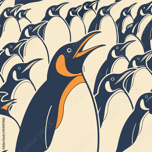 Photorealistic king penguin colony illustration
