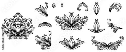 Acanthus Floral Ornament. Baroque victorian damask engraved decorative vector frames and borders collection. Set hand drawn luxury vintage gothic foliage, floral design elements for tattoo, pattern