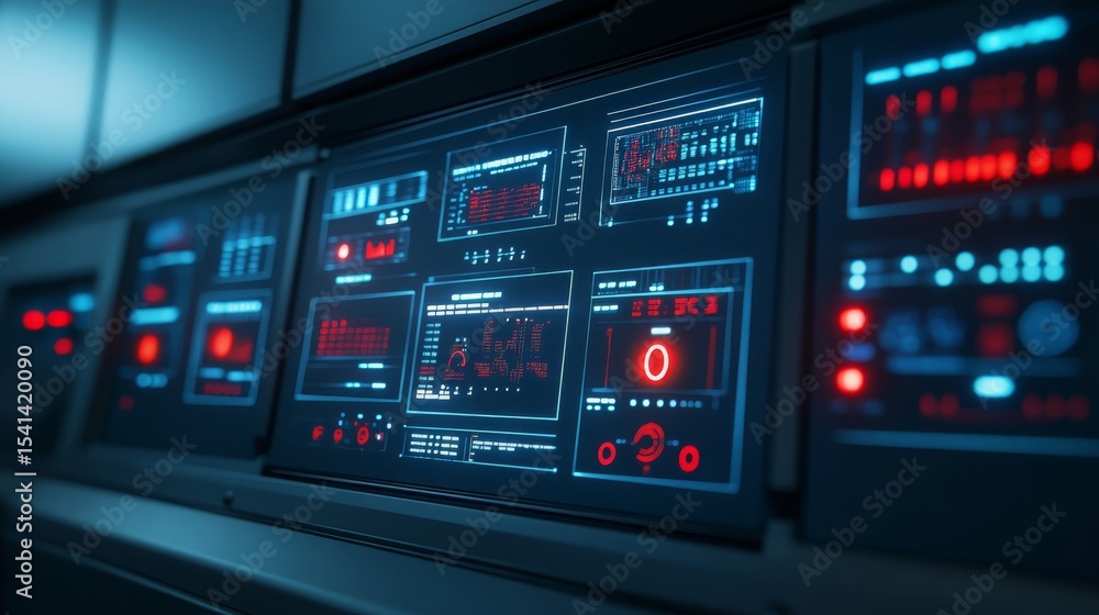 Futuristic Technology Control Panel Display with Red and Blue Digital Data Interface Screens Futuristic Technology Control Panel Display with Red and Blue Digital Data Interface Screens