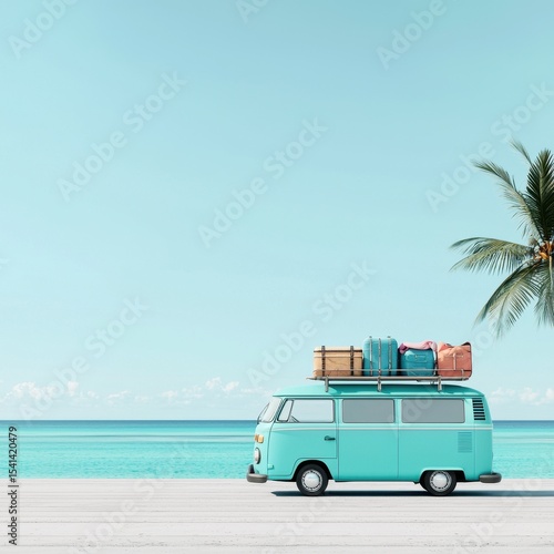 Retro Van with Luggage Near Palm Tree on Tropical Beach Scene