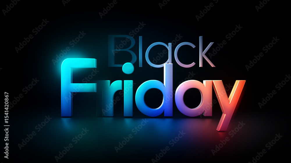 Black Friday Schriftzug in leuchtender Neonoptik mit bunten Farbverläufen auf schwarzem Hintergrund Black Friday Schriftzug in leuchtender Neonoptik mit bunten Farbverläufen auf schwarzem Hintergrund