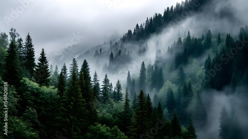 A cool-toned misty mountain forest in soft greens and greys, evoking a serene and vintage vibe through the fog-covered trees.
