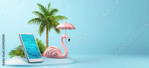 Tropical Elements with Smartphone, Flamingo and Palm Trees Background