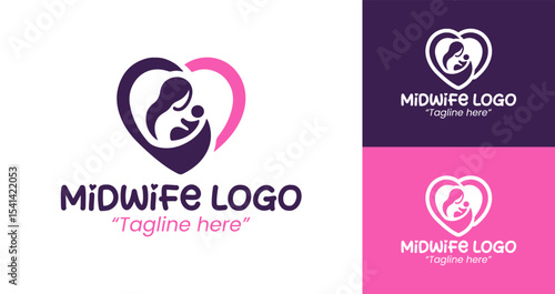 Creative Midwife Logo with Heart and Medical Symbol in Pink and Purple Design

