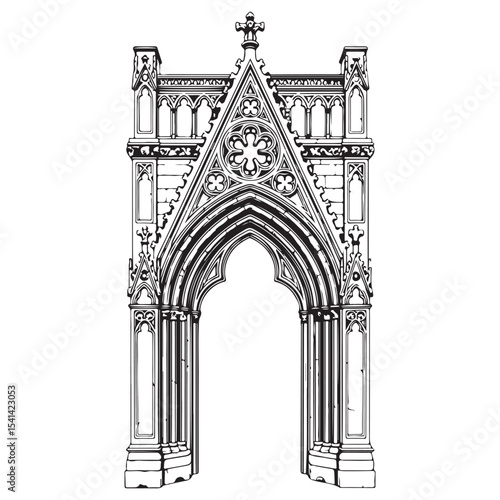 Weathered gothic archway with intricate stone details image vector