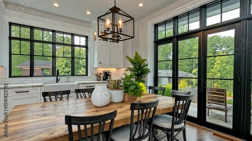 Modern farmhouse kitchen with large windows and dining area