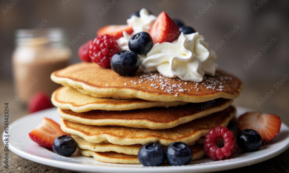Flat Lay of a Pancake Stack with Fresh Fruit, Syrup, and Whipped Cream Flat Lay of a Pancake Stack with Fresh Fruit, Syrup, and Whipped Cream