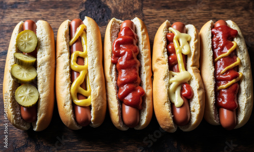 Top-Down View of Classic Hotdogs Lined Up with Condiments and Pickles