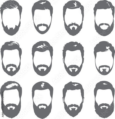Twelve Gray Silhouettes of Men with Various Hairstyles and Beards on White Background Collection of Male Facial Hair and Haircut Styles Gray