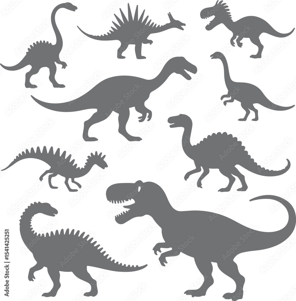 Obraz premium Gray Dinosaur Silhouettes Collection Various Prehistoric Creatures Grey Scale Vector Illustration Set Different Types of Dinosaurs Prehistoric