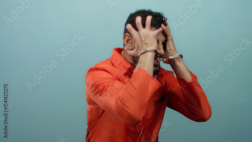 Photography Prisoner man wearing orange jumpsuit and handcuffs, gesturing expressively against blue background in a dramatic scene depicting incarceration and emotion