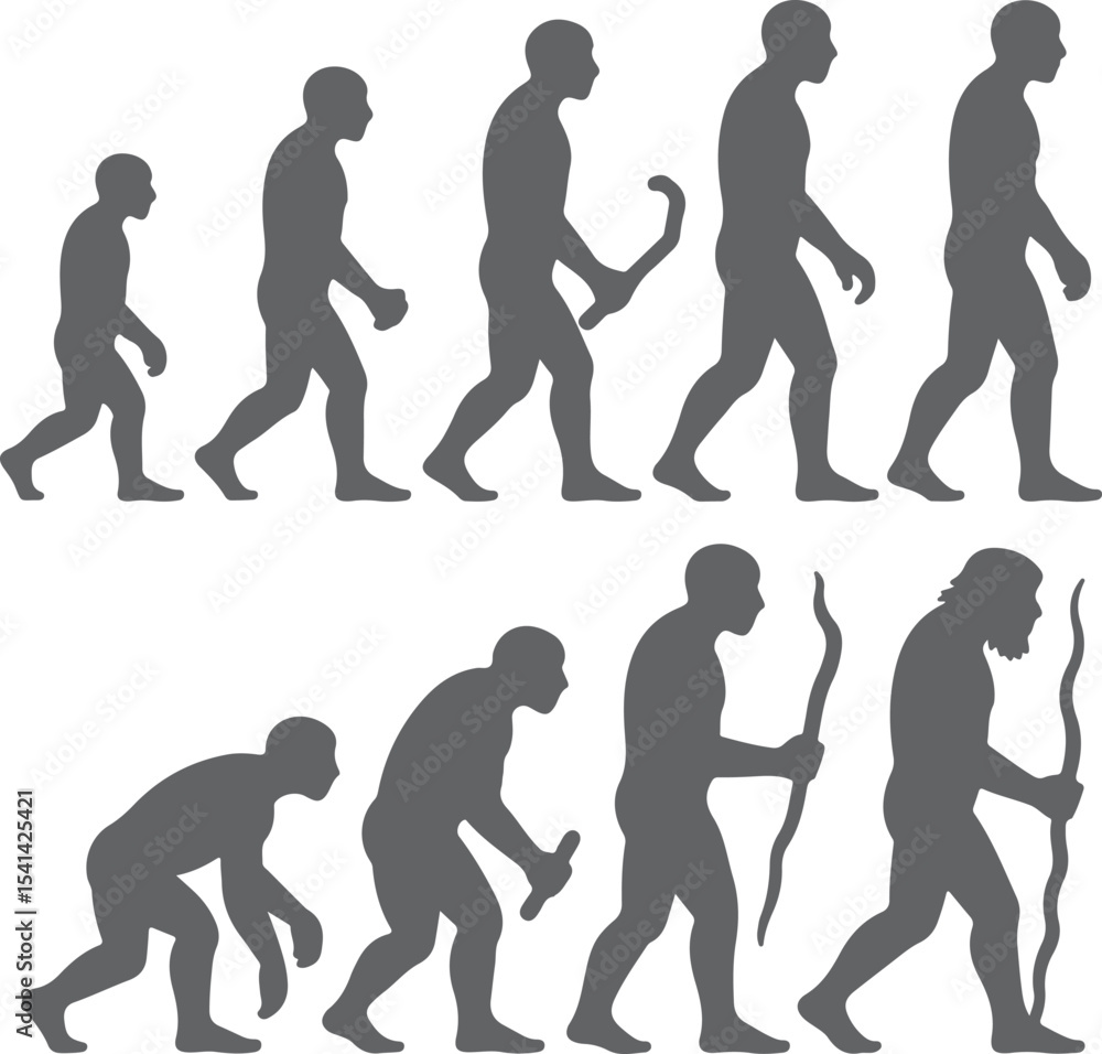 Obraz premium Gray Silhouette Human Evolution Stages Progression Primate Ape to Modern Man Development Sequence
