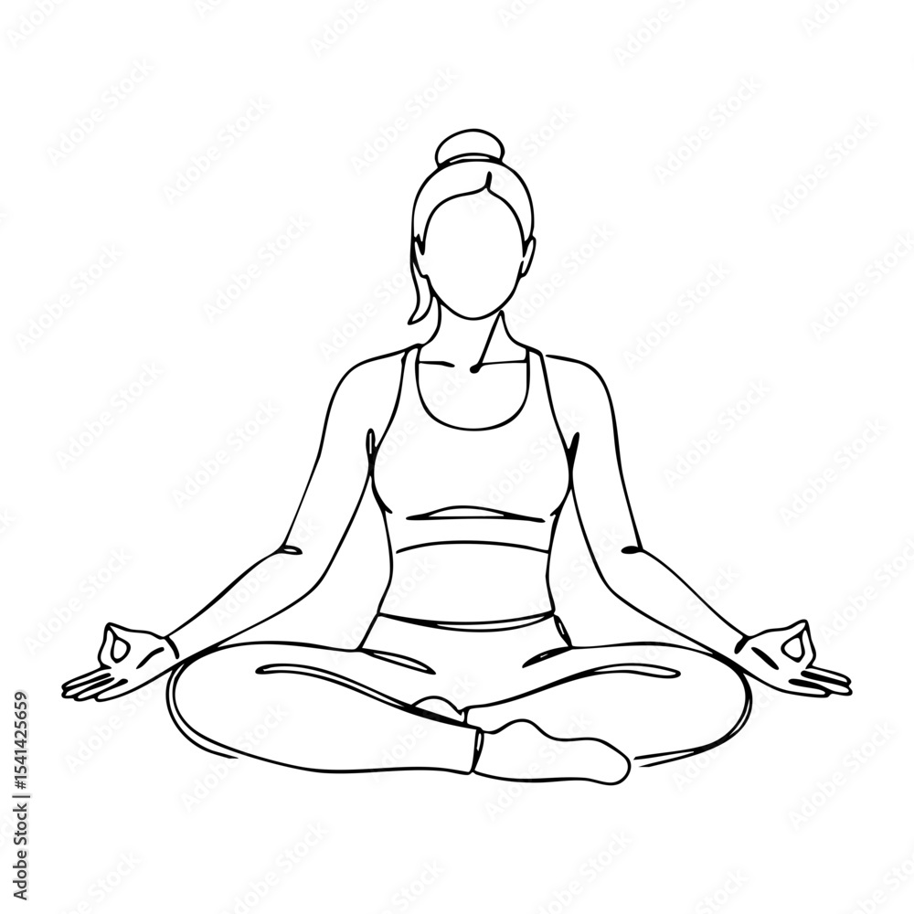 Vector line art of a woman practicing yoga in a seated lotus position, symbolizing mental clarity and inner peace Vector line art of a woman practicing yoga in a seated lotus position, symbolizing mental clarity and inner peace